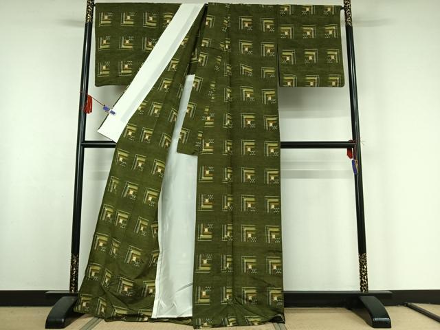 平和屋着物▽上質な紬　単衣　幾何学文様　正絹　逸品　AABF6013jh