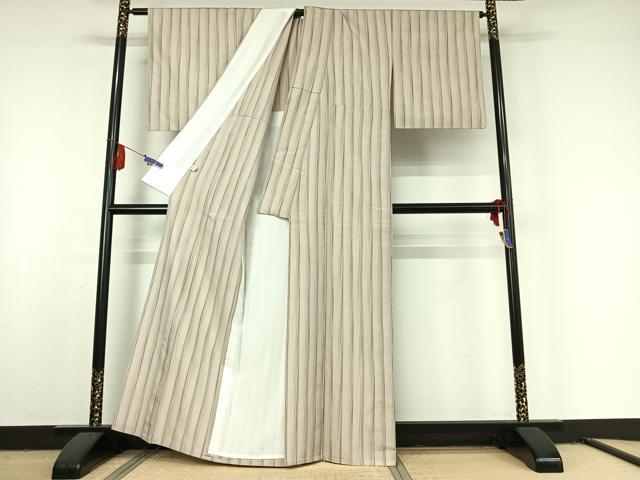 平和屋着物▽上質な紬 単衣 縞 正絹 逸品 AABF6019jh