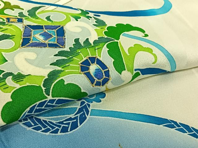 平和屋着物▽訪問着 単衣 刺繍 飾花文 暈し染め 金糸 金彩 正絹 逸品 AABF6020jh