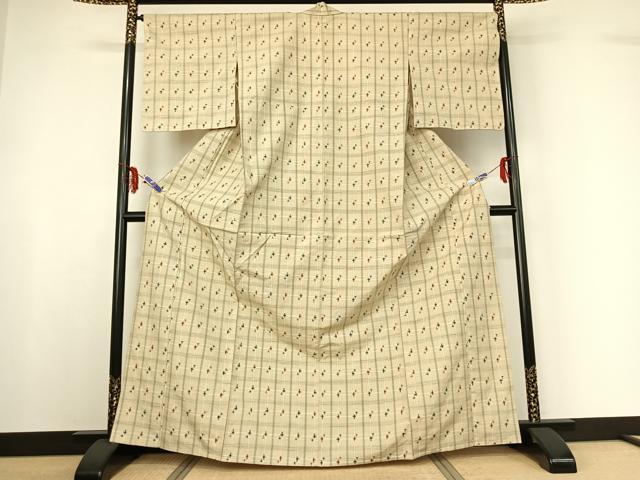 平和屋着物▽上質な紬 単衣 格子 正絹 逸品 AABF6035jh