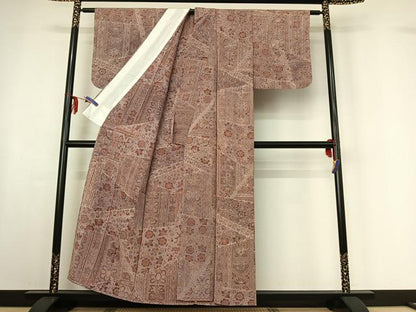 平和屋着物▽上質な小紋 単衣 切嵌更紗花文 正絹 逸品 AABF6036jh