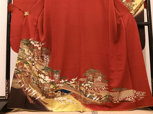平和屋着物●豪華振袖・長襦袢(無双仕立て)セット 駒刺繍 貝桶群鶴草花文 金彩 正絹 逸品 AABF6059ph