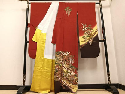 平和屋着物●豪華振袖・長襦袢(無双仕立て)セット 駒刺繍 貝桶群鶴草花文 金彩 正絹 逸品 AABF6059ph