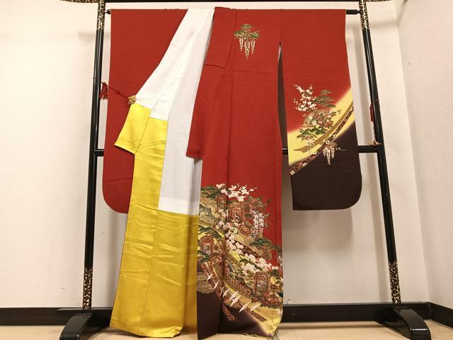 平和屋着物●豪華振袖・長襦袢(無双仕立て)セット 駒刺繍 貝桶群鶴草花文 金彩 正絹 逸品 AABF6059ph