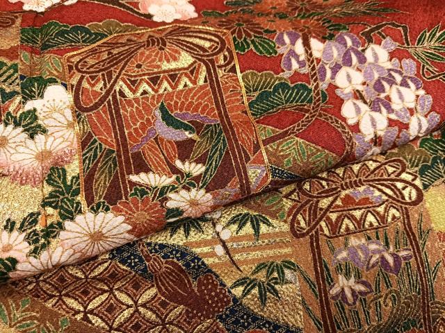 平和屋着物●豪華振袖・長襦袢(無双仕立て)セット 駒刺繍 貝桶群鶴草花文 金彩 正絹 逸品 AABF6059ph
