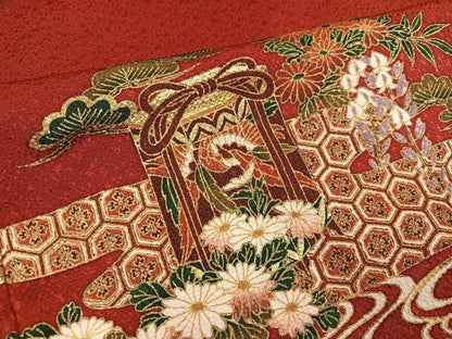 平和屋着物●豪華振袖・長襦袢(無双仕立て)セット 駒刺繍 貝桶群鶴草花文 金彩 正絹 逸品 AABF6059ph