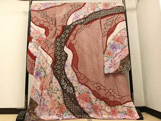 平和屋着物●豪華振袖 駒刺繍 絞り 花蝶文 金彩 正絹 逸品 AABF6068ph