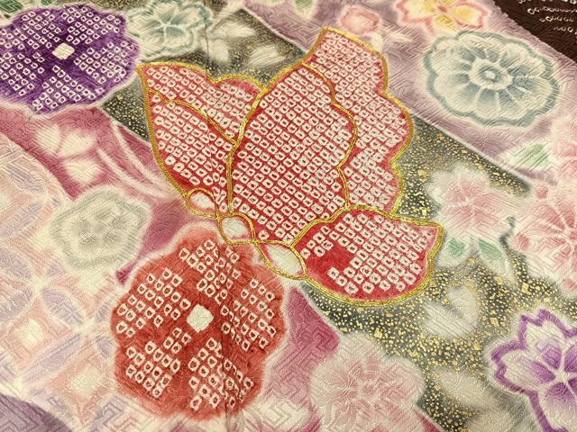 平和屋着物●豪華振袖 駒刺繍 絞り 花蝶文 金彩 正絹 逸品 AABF6068ph