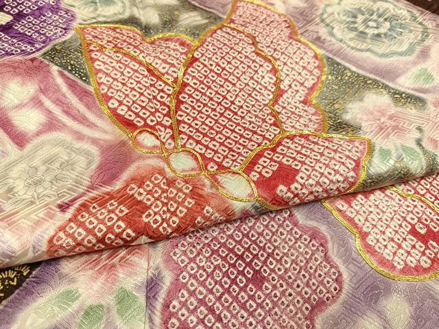 平和屋着物●豪華振袖 駒刺繍 絞り 花蝶文 金彩 正絹 逸品 AABF6068ph