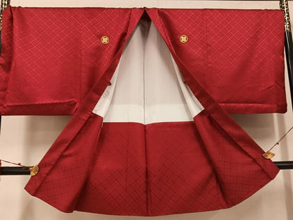 平和屋着物●男性 色紋付 羽織セット 花菱地紋 葡萄茶色 洗える着物 AABF6071ph