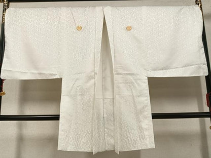平和屋着物●男性 色紋付 羽織セット 紗綾形地紋 象牙色 洗える着物 AABF6073ph