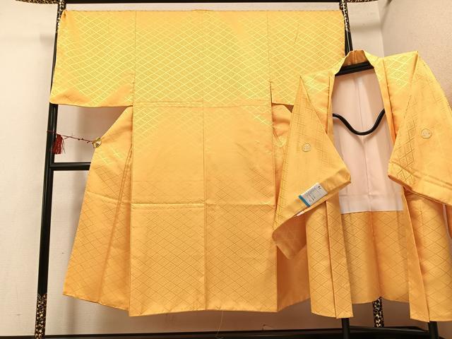 平和屋着物●男性 色紋付 羽織セット 萱草色 洗える着物 AABF6077ph
