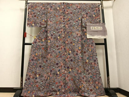 平和屋着物●古琉球紅型　小紋　草花文　古代縮緬　反端付き　正絹　逸品　未使用　AABF6080ph