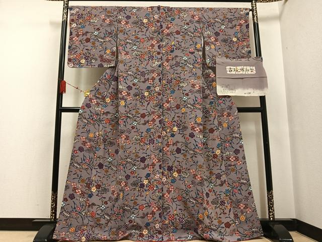 平和屋着物●古琉球紅型　小紋　草花文　古代縮緬　反端付き　正絹　逸品　未使用　AABF6080ph