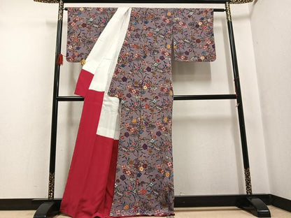 平和屋着物●古琉球紅型　小紋　草花文　古代縮緬　反端付き　正絹　逸品　未使用　AABF6080ph