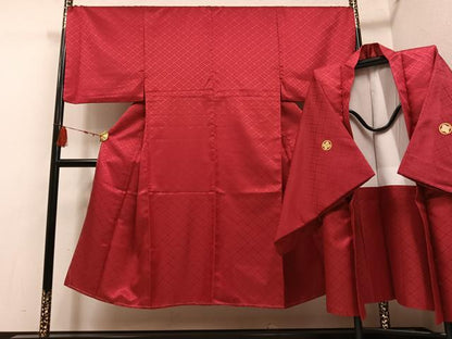 平和屋着物●男性 色紋付 羽織セット 花菱地紋 蘇芳色 洗える着物 AABF6091ph
