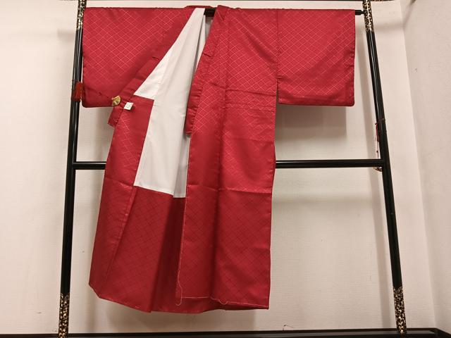 平和屋着物●男性 色紋付 羽織セット 花菱地紋 蘇芳色 洗える着物 AABF6091ph