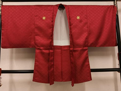 平和屋着物●男性 色紋付 羽織セット 花菱地紋 蘇芳色 洗える着物 AABF6091ph