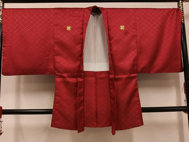 平和屋着物●男性 色紋付 羽織セット 花菱地紋 蘇芳色 洗える着物 AABF6091ph
