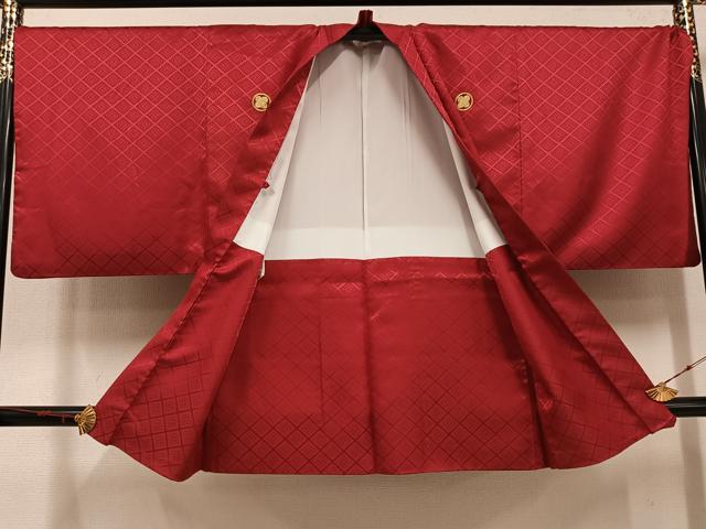 平和屋着物●男性 色紋付 羽織セット 花菱地紋 蘇芳色 洗える着物 AABF6091ph