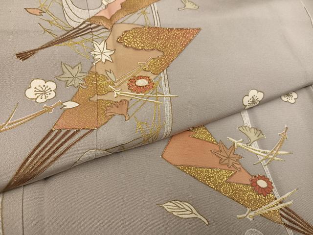 平和屋着物●訪問着 友禅 刺繍 舞扇草花文 金彩 正絹 逸品 AABF6096ph