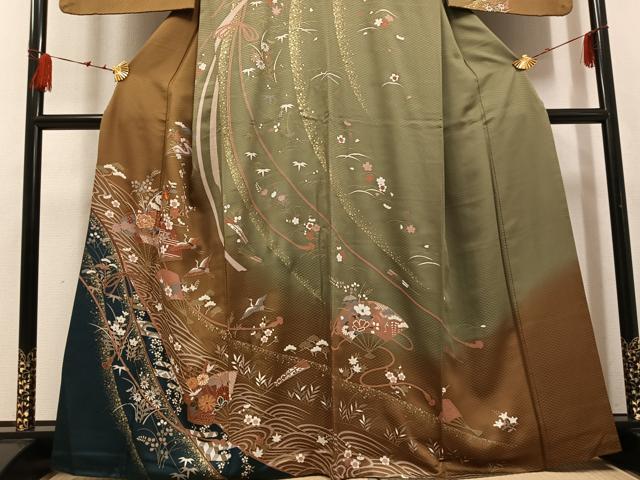 平和屋着物●訪問着 駒刺繍 地紙群れ鶴花蝶文 暈し染め 金彩 正絹 逸品 AABF6110ph