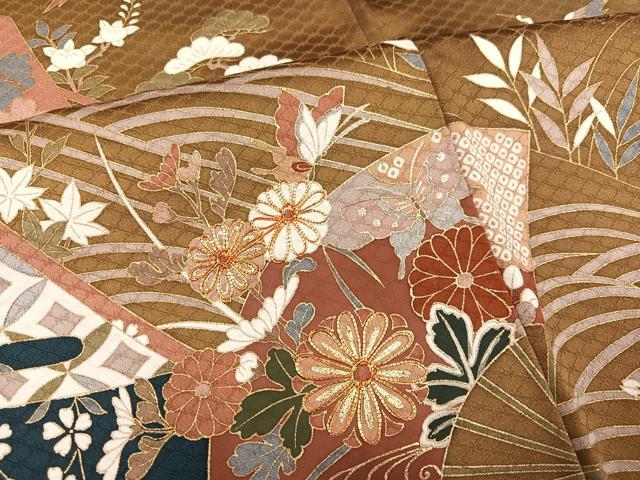 平和屋着物●訪問着 駒刺繍 地紙群れ鶴花蝶文 暈し染め 金彩 正絹 逸品 AABF6110ph