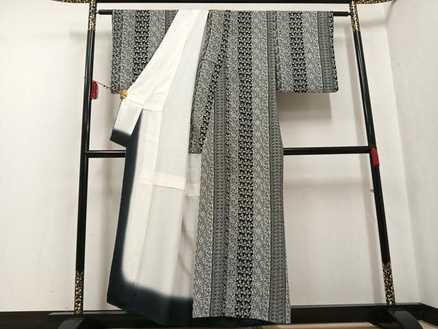 平和屋着物●上質な小紋 型染め 草花間道 黒地 正絹 逸品 AABF6116ph