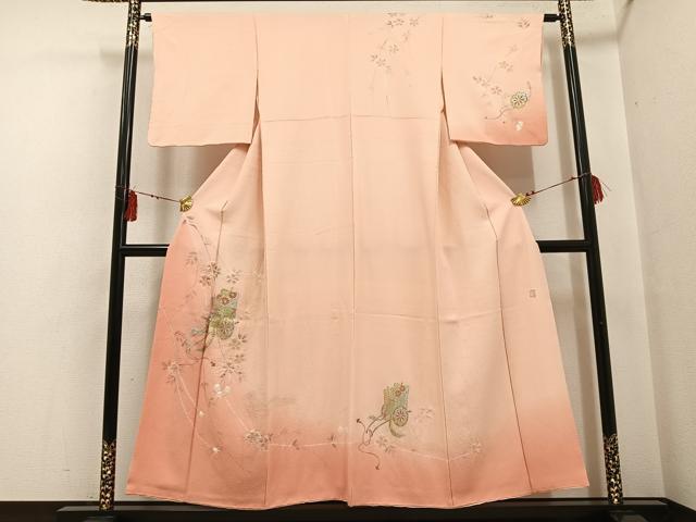 平和屋着物●十日町 名門 滝泰謹製 訪問着 御所車花文 暈し染め 金銀彩 正絹 逸品 AABF6118ph