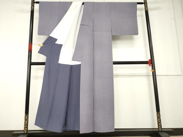 平和屋着物●江戸小紋 極細縞小紋 万筋 濃鼠色×薄色 浜ちりめん 反端付き 正絹 逸品 AABF6128ck