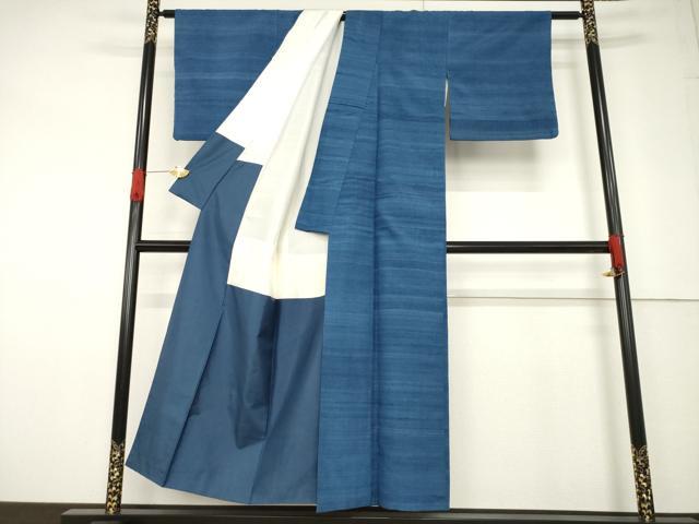 平和屋着物●上質な紬 横段文 本藍 正絹 逸品 AABF6145ck