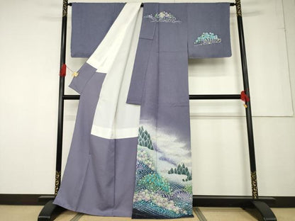 平和屋着物●訪問着 絞り 流水花文 暈し染め 銀通し地 正絹 逸品 未使用 AABF6153ck