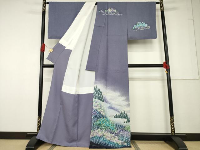 平和屋着物●訪問着 絞り 流水花文 暈し染め 銀通し地 正絹 逸品 未使用 AABF6153ck