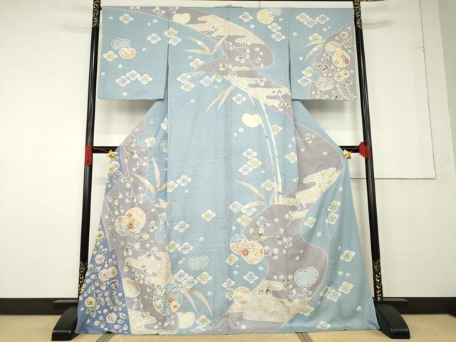 平和屋着物●訪問着 友禅 駒刺繍 絞り 雪輪花文 ロング丈 正絹 逸品 AABF6155ck