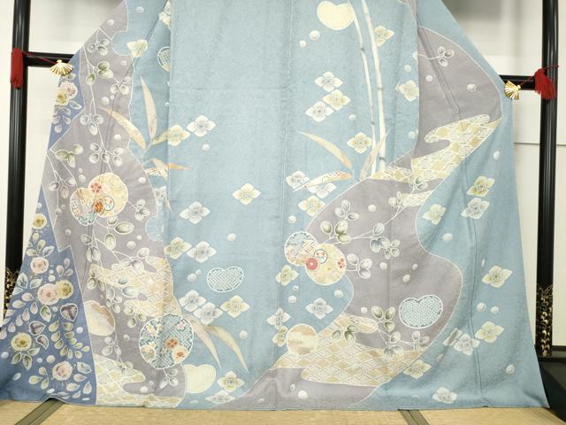 平和屋着物●訪問着 友禅 駒刺繍 絞り 雪輪花文 ロング丈 正絹 逸品 AABF6155ck