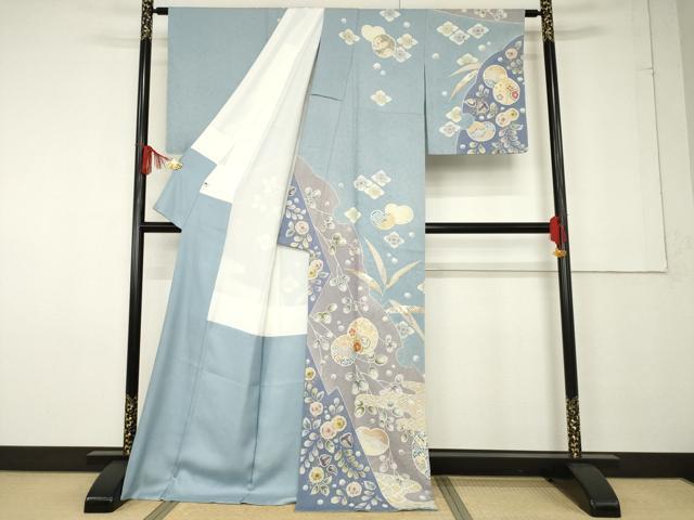 平和屋着物●訪問着 友禅 駒刺繍 絞り 雪輪花文 ロング丈 正絹 逸品 AABF6155ck