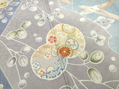 平和屋着物●訪問着 友禅 駒刺繍 絞り 雪輪花文 ロング丈 正絹 逸品 AABF6155ck