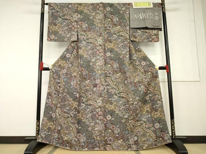 平和屋着物●山岡古都・古都染人　染織美術品　薬墨染　天目織　お召　辻が花　舞花尽くし　反端付き　正絹　逸品　AABF6165ck