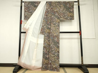 平和屋着物●山岡古都・古都染人　染織美術品　薬墨染　天目織　お召　辻が花　舞花尽くし　反端付き　正絹　逸品　AABF6165ck