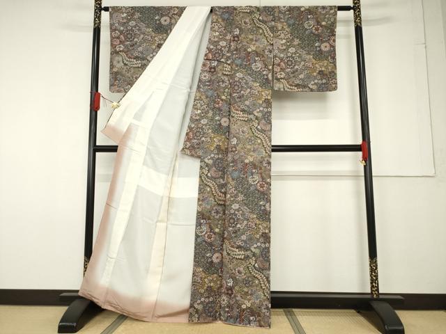 平和屋着物●山岡古都・古都染人　染織美術品　薬墨染　天目織　お召　辻が花　舞花尽くし　反端付き　正絹　逸品　AABF6165ck