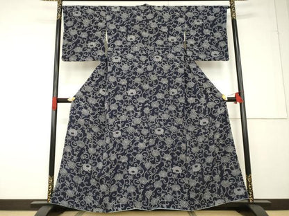 平和屋着物●上質な小紋 絞り 藍 花唐草文 正絹 逸品 AABF6185ck