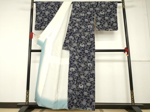 平和屋着物●上質な小紋 絞り 藍 花唐草文 正絹 逸品 AABF6185ck
