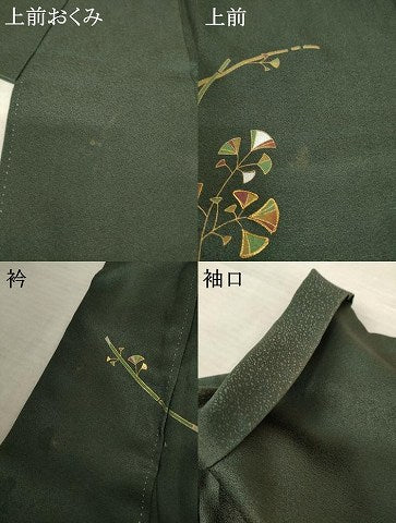平和屋着物●訪問着 駒刺繍 枝葉文 黒緑色地 金彩 正絹 逸品 AABF6193ck