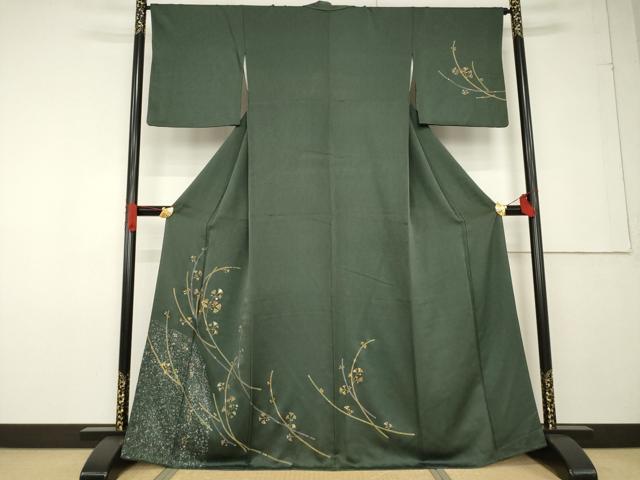 平和屋着物●訪問着 駒刺繍 枝葉文 黒緑色地 金彩 正絹 逸品 AABF6193ck