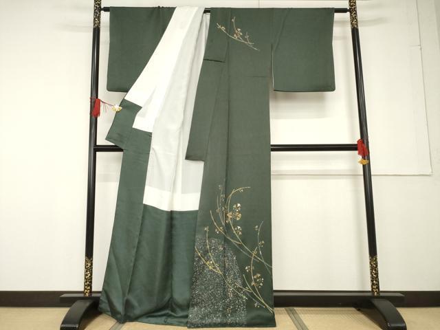 平和屋着物●訪問着 駒刺繍 枝葉文 黒緑色地 金彩 正絹 逸品 AABF6193ck