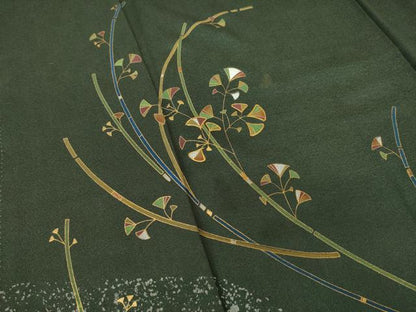 平和屋着物●訪問着 駒刺繍 枝葉文 黒緑色地 金彩 正絹 逸品 AABF6193ck