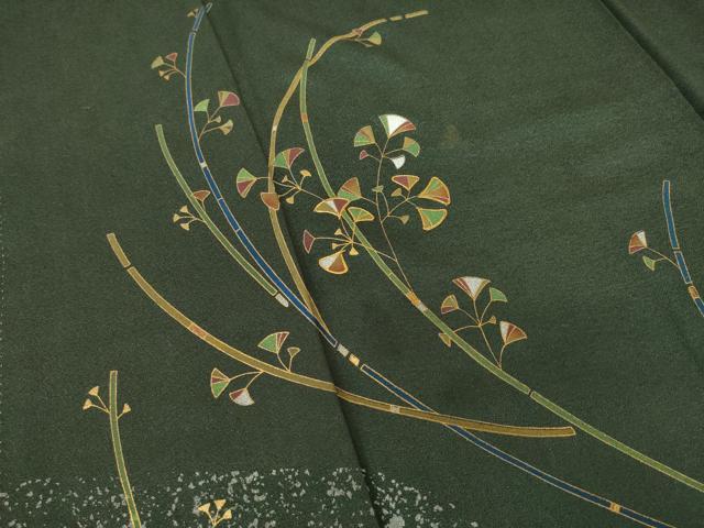 平和屋着物●訪問着 駒刺繍 枝葉文 黒緑色地 金彩 正絹 逸品 AABF6193ck