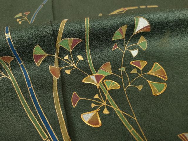 平和屋着物●訪問着 駒刺繍 枝葉文 黒緑色地 金彩 正絹 逸品 AABF6193ck