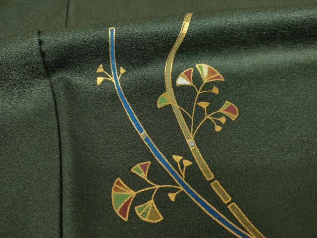 平和屋着物●訪問着 駒刺繍 枝葉文 黒緑色地 金彩 正絹 逸品 AABF6193ck
