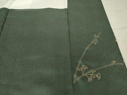平和屋着物●訪問着 駒刺繍 枝葉文 黒緑色地 金彩 正絹 逸品 AABF6193ck